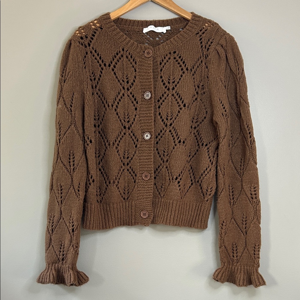 ASTR the Label Pointelle Knit Cardigan Sweater‎ Size XL Brown Cottagecore